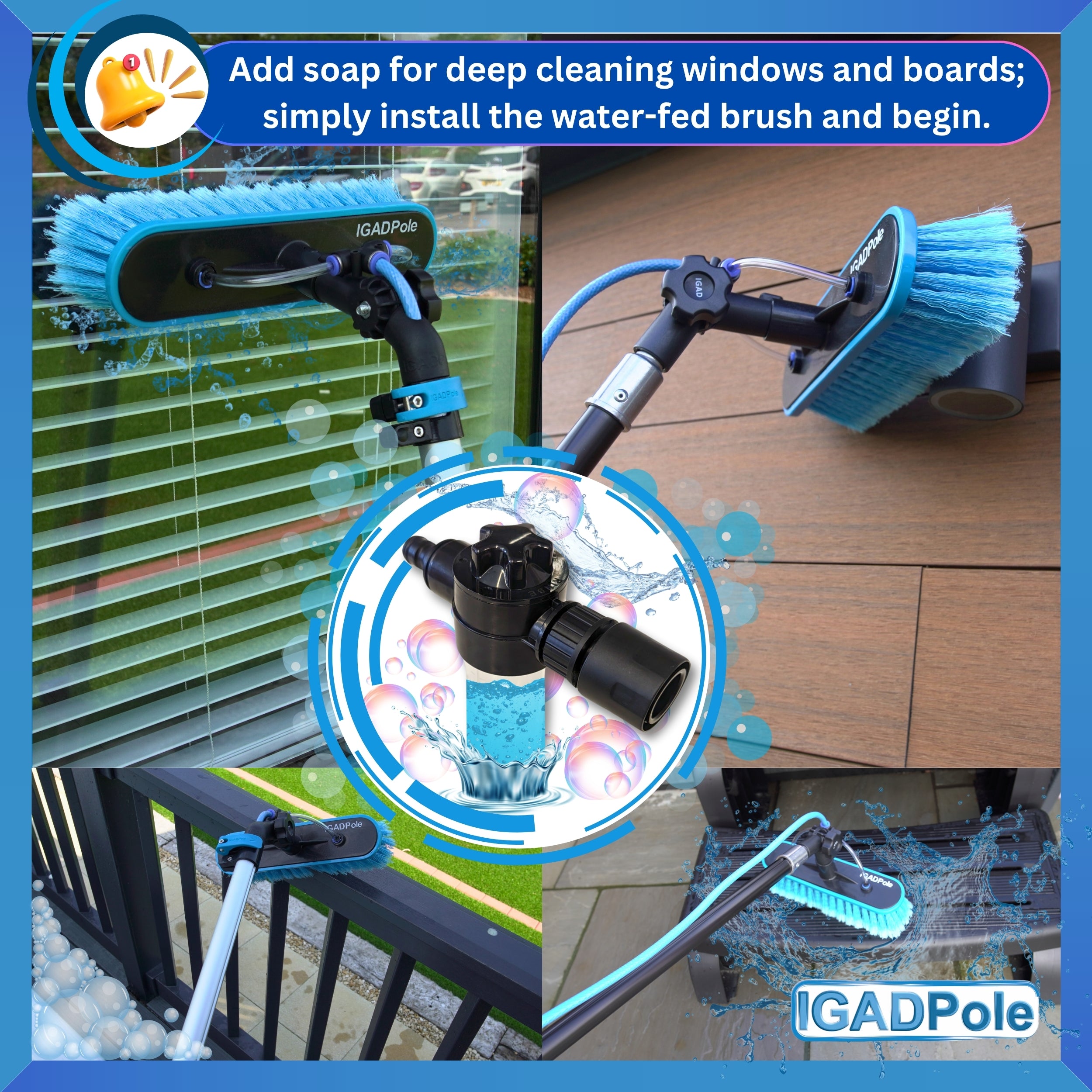 17ft IGADPole Washing Kit: Water-fed Brush with Soap Dispenser, Cobweb Dusters, with 4-Stage Telescoping Pole 5-17ft Pole/Window and Dusting Cleaning Kit