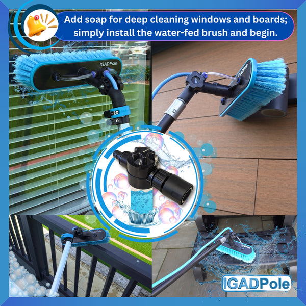 IGADPole 12ft(3.6m) Washing Kit: Water-fed Brush, Short Handle Water-fed Brush and Garden hose tap; Window Cleaning Pole, Water Fed Telescopic Brush, Extendable Long Reach Window Cleaner Equipment