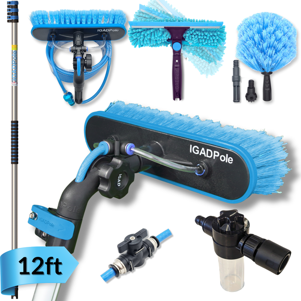 12ft IGADPole Washing Kit: Water-fed Brush, Cobweb Duster and 10” Squeegee and Soap Dispenser, with 3-Stage Telescoping Pole 5-12ft Pole