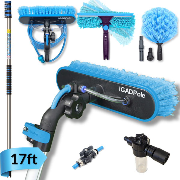 17ft IGADPole Washing Kit: Water-fed Brush, Cobweb Duster and 10” Squeegee and Soap Dispenser, with 4-Stage Telescoping Pole 5-17ft Pole