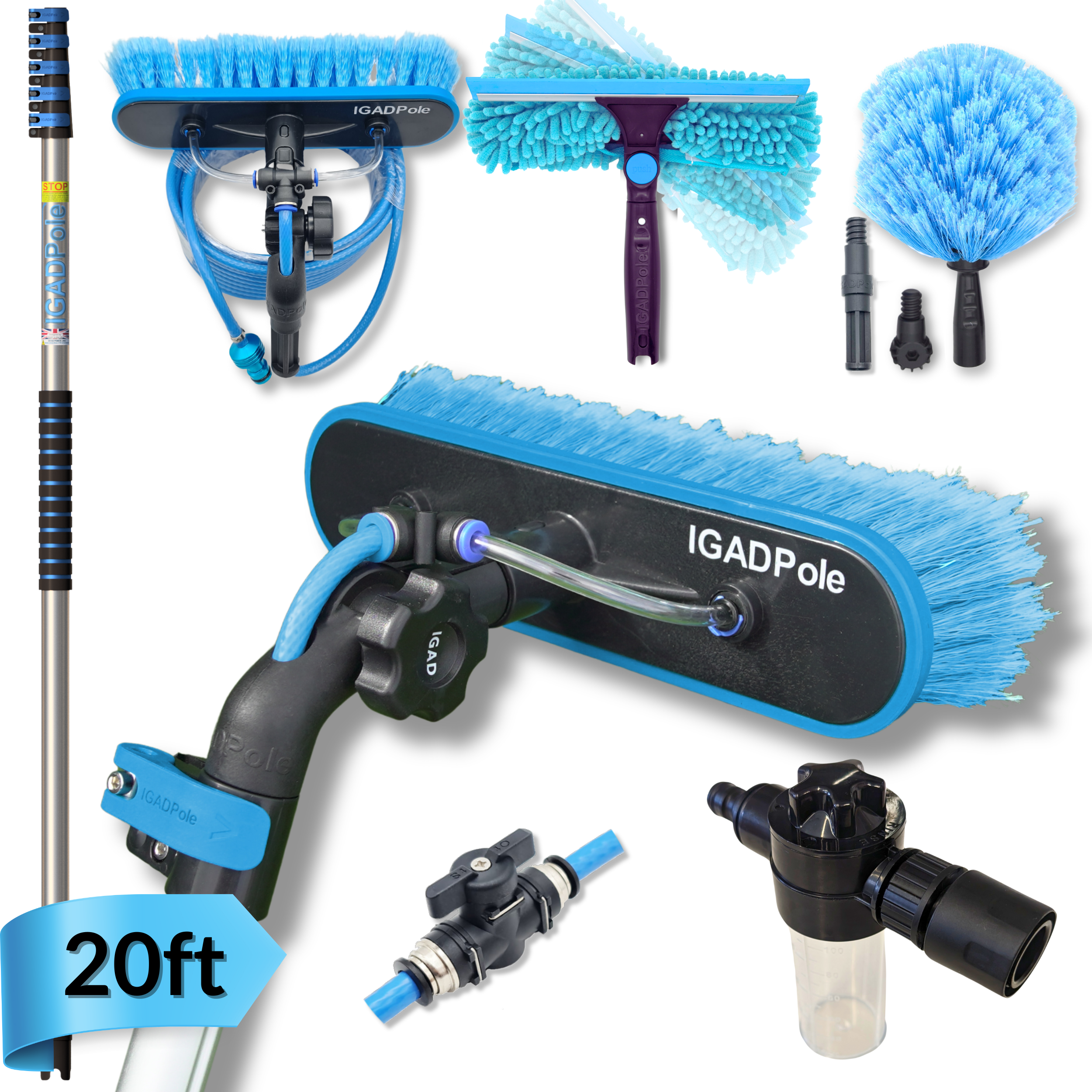 20ft IGADPole Washing Kit: Water-fed Brush, Cobweb Duster and 10” Squeegee and Soap Dispenser, with 5-Stage Telescoping Pole 5-20ft Pole