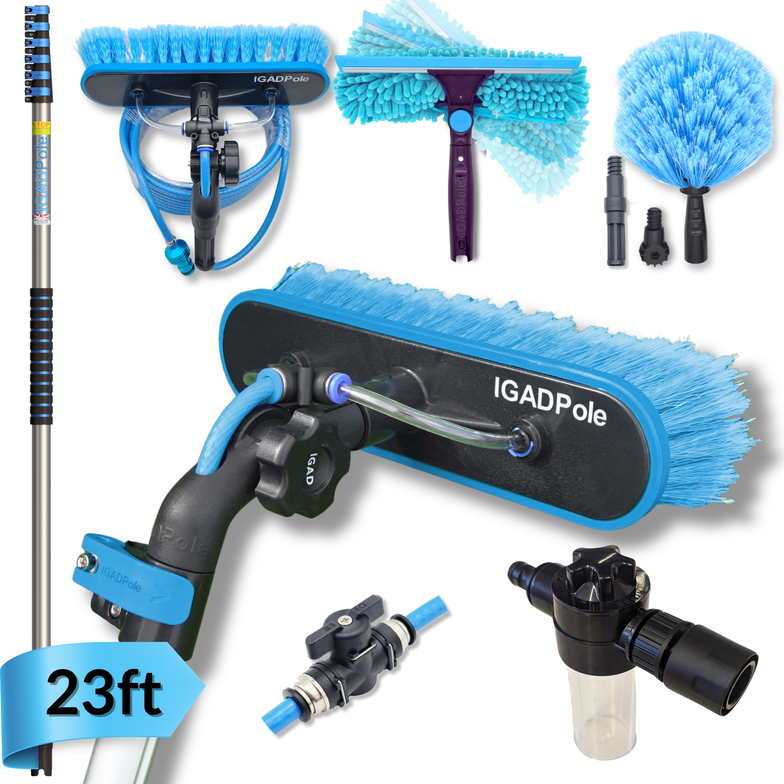 23ft IGADPole Washing Kit: Water-fed Brush, Cobweb Duster and 10” Squeegee and Soap Dispenser, with 6-Stage Telescoping Pole 5-24ft Pole