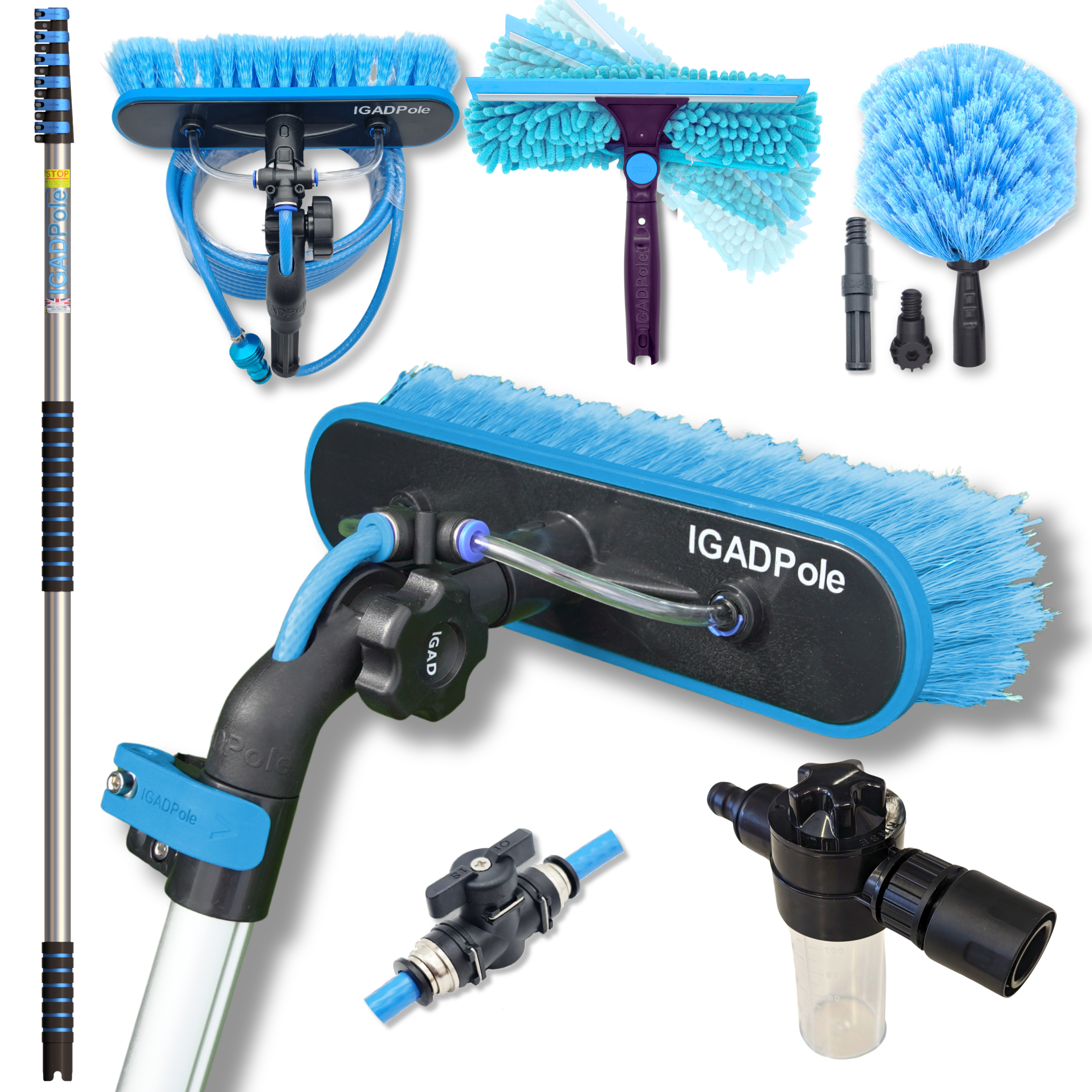 IGADPole 30 FT (9m) Window Cleaning Kit, Window Washing Cleaner Equipment Kit – Squeegee, Scrubber, Soap Dispenser & Water Brush Cleaner Tool with Extension Pole for Household & Outdoor