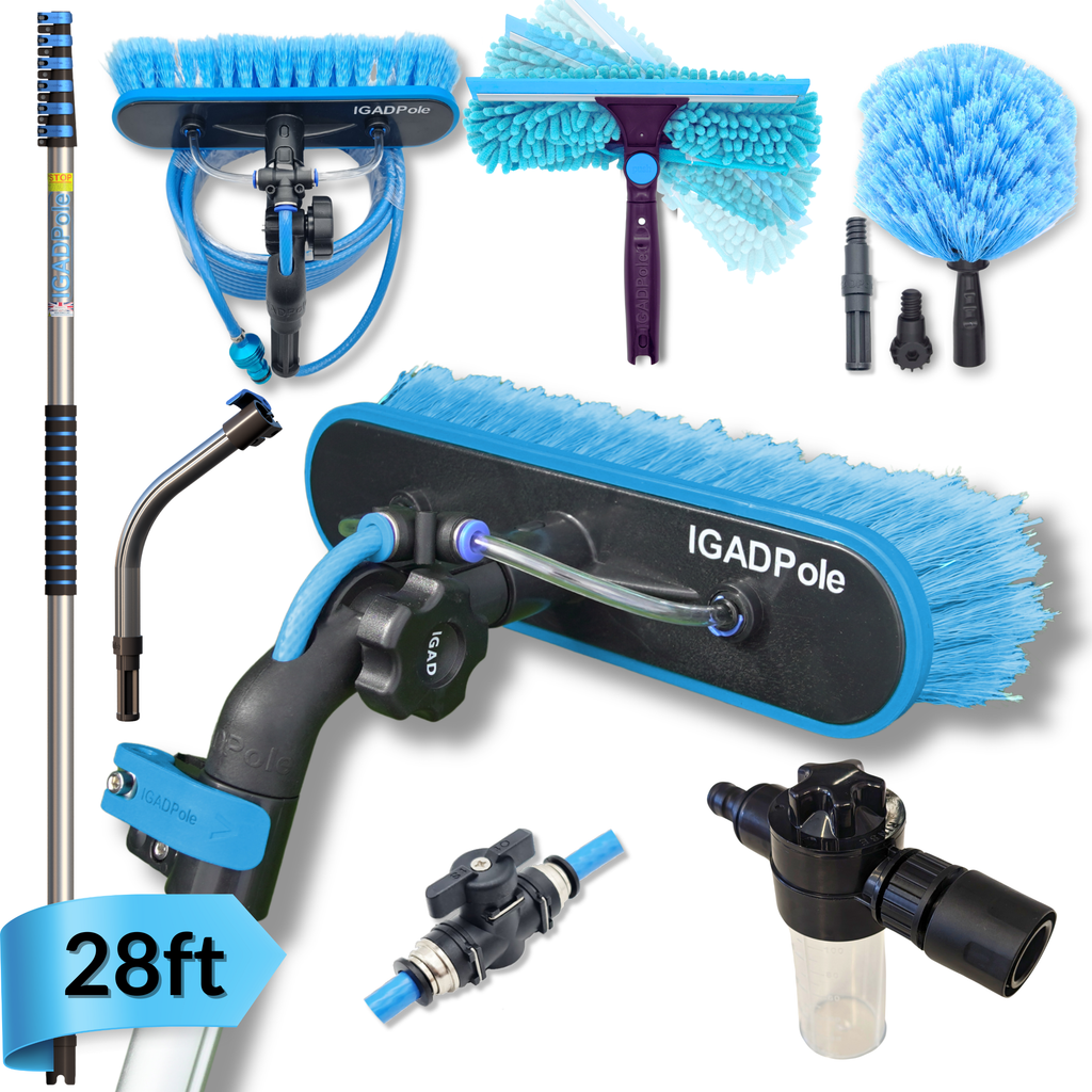 IGADPole 28ft(8.8m) Washing Kit: Water-fed Brush, Cobweb Duster and 10”(25cm) Squeegee and Soap Dispenser, Window Cleaning Pole, Water Fed Telescopic Brush, Window Cleaner Kit, Blue