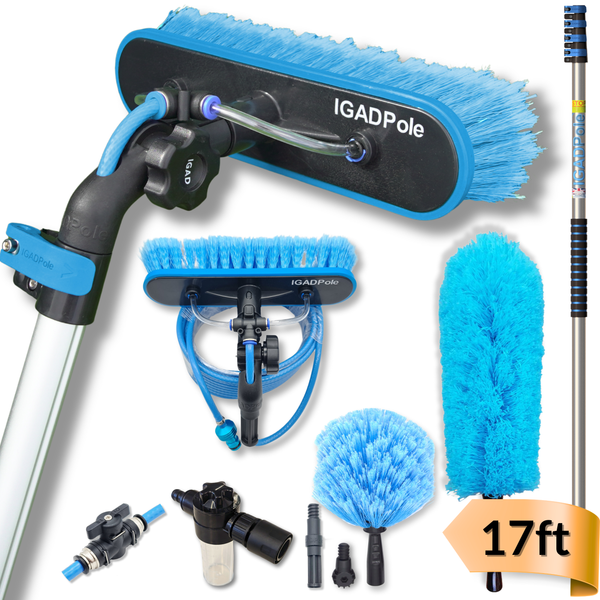 17ft IGADPole Washing Kit: Water-fed Brush with Soap Dispenser, Cobweb Dusters, with 4-Stage Telescoping Pole 5-17ft Pole/Window and Dusting Cleaning Kit