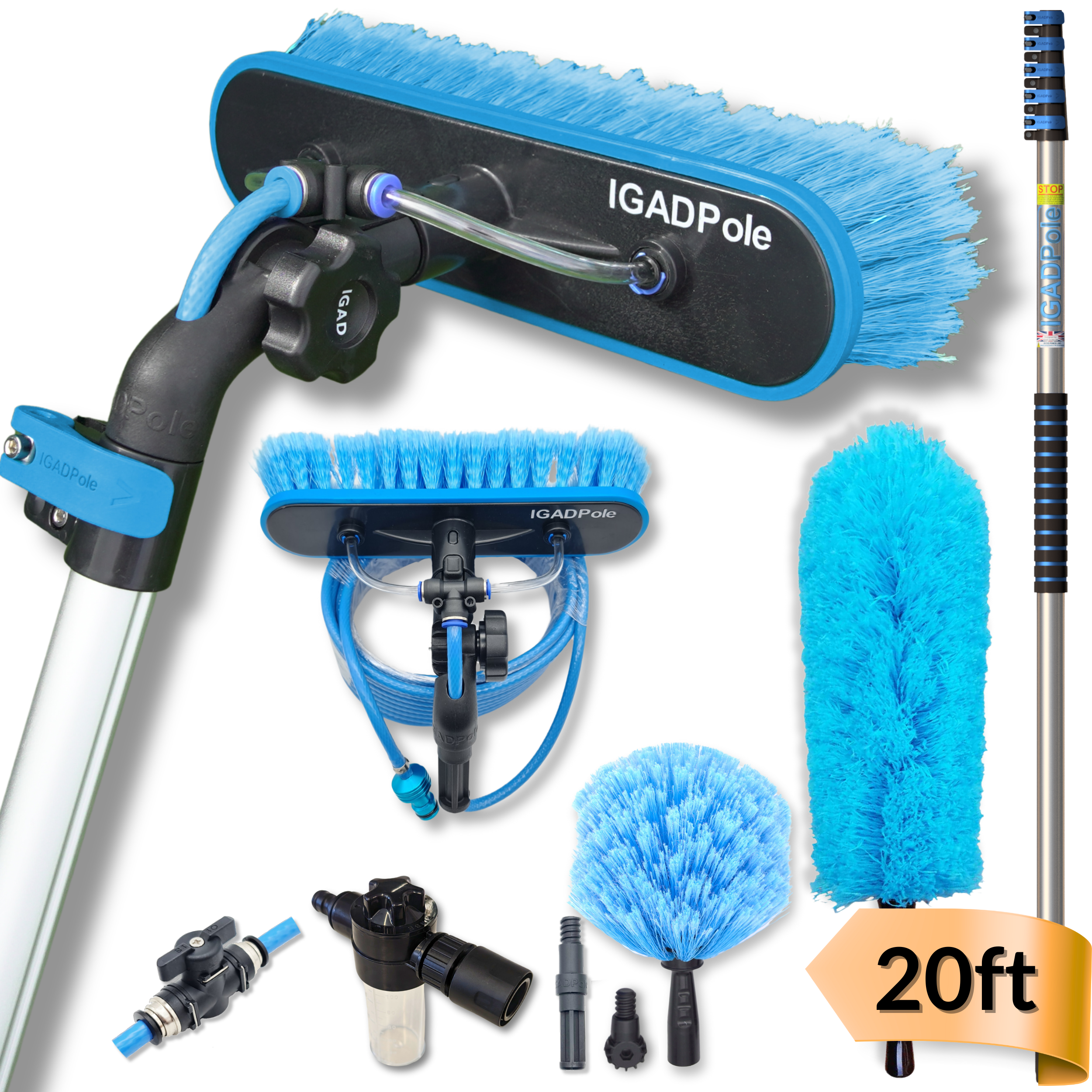 20ft IGADPole Washing Kit: Water-fed Brush with Soap Dispenser, Cobweb Dusters, with 5-Stage Telescoping Pole 5-20ft Pole/Window and Dusting Cleaning Kit