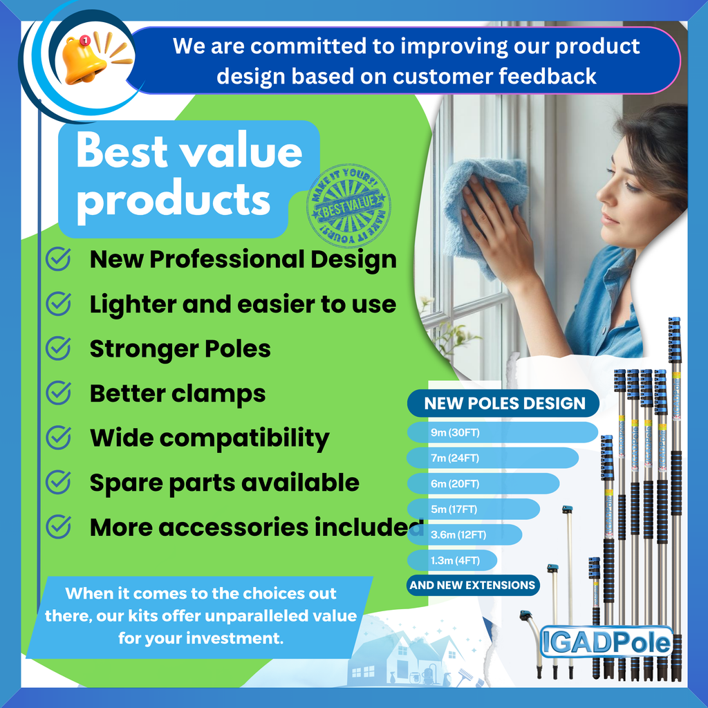 IGADPole 30ft (9m) Washing Kit: Water-fed Brush Soap Dispenser and hose tap