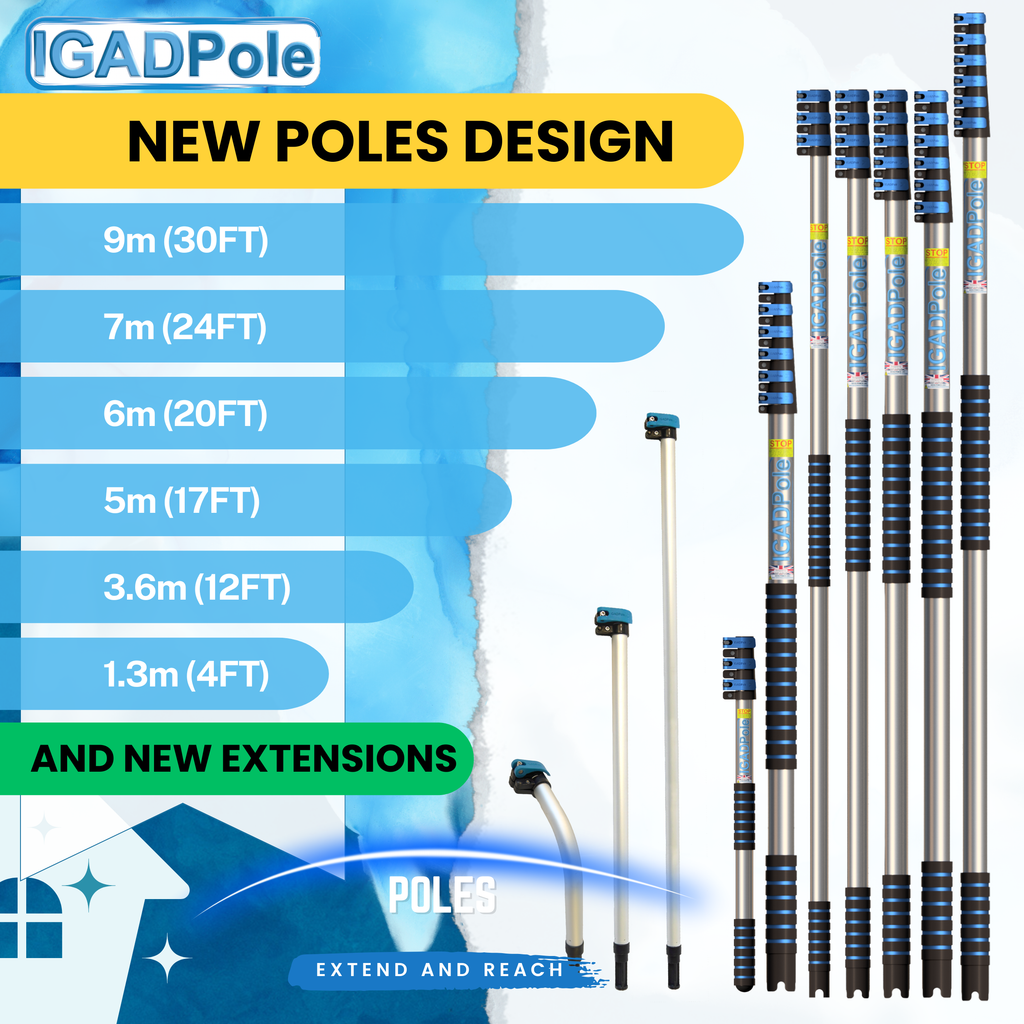 IGADPole 28ft(8.8m) Washing Kit: Water-fed Brush, Cobweb Duster and 10”(25cm) Squeegee and Soap Dispenser, Window Cleaning Pole, Water Fed Telescopic Brush, Window Cleaner Kit, Blue