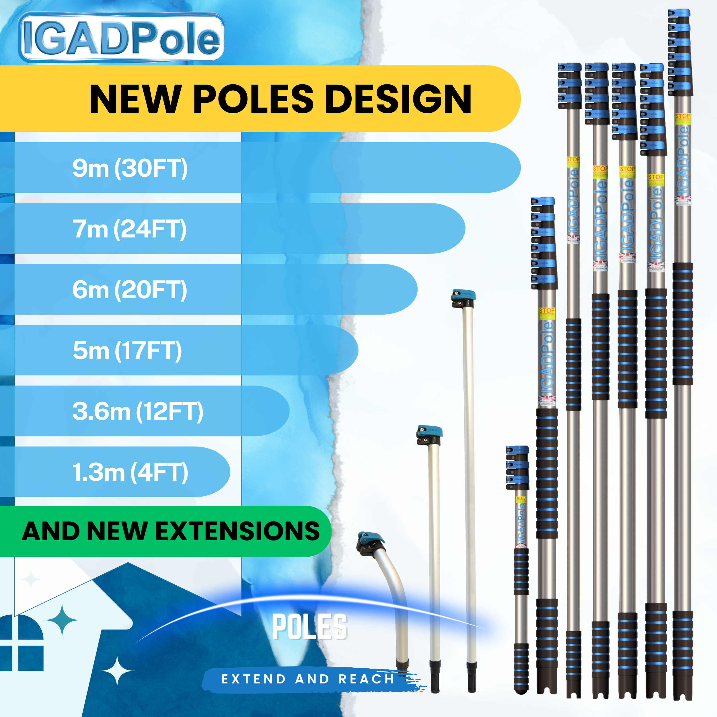 IGADPole 28ft(8.8m) Washing Kit: Water-fed Brush, Cobweb Duster and 10”(25cm) Squeegee and Soap Dispenser, Window Cleaning Pole, Water Fed Telescopic Brush, Window Cleaner Kit, Blue