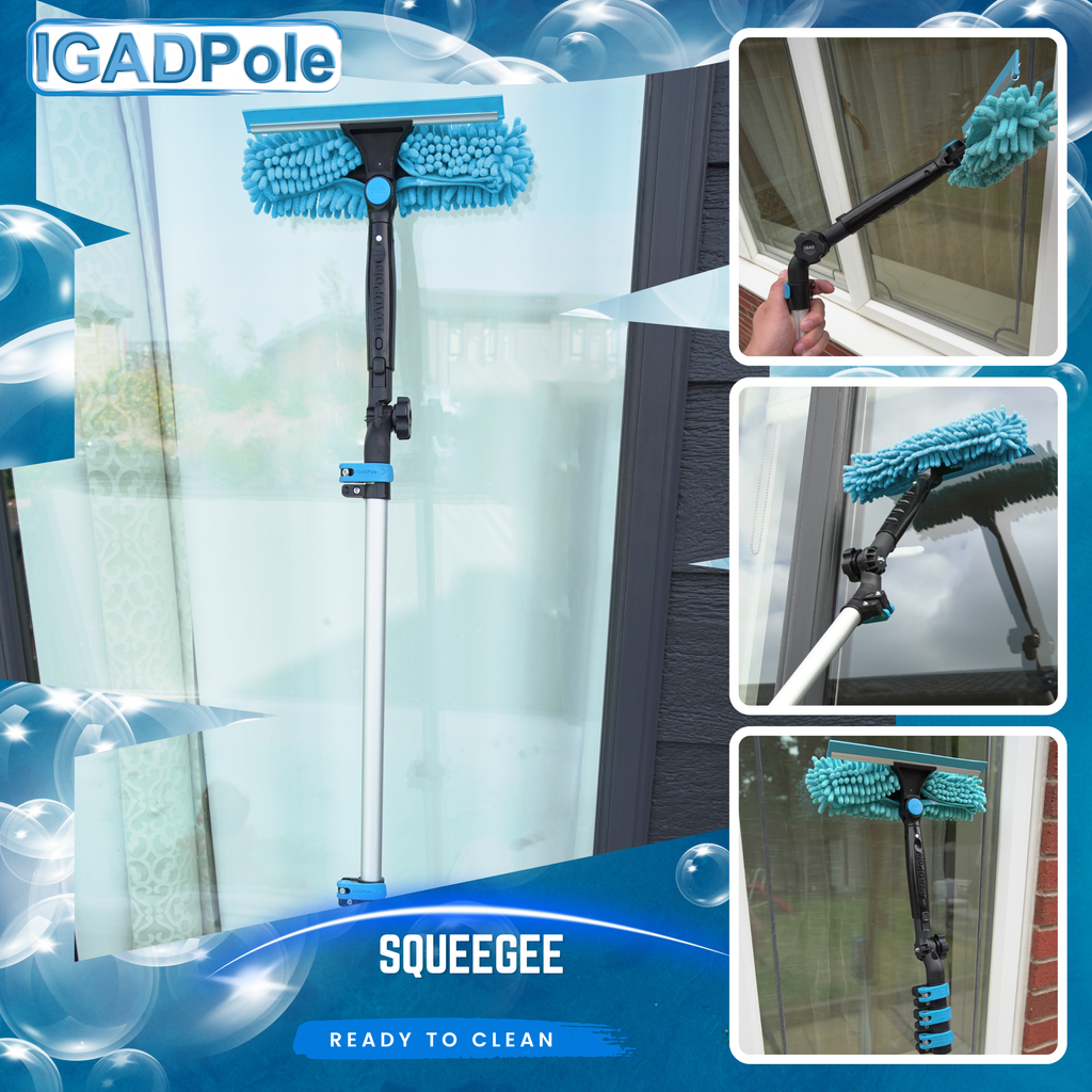 IGADPole 28ft(8.8m) Washing Kit: Water-fed Brush, Cobweb Duster and 10”(25cm) Squeegee and Soap Dispenser, Window Cleaning Pole, Water Fed Telescopic Brush, Window Cleaner Kit, Blue