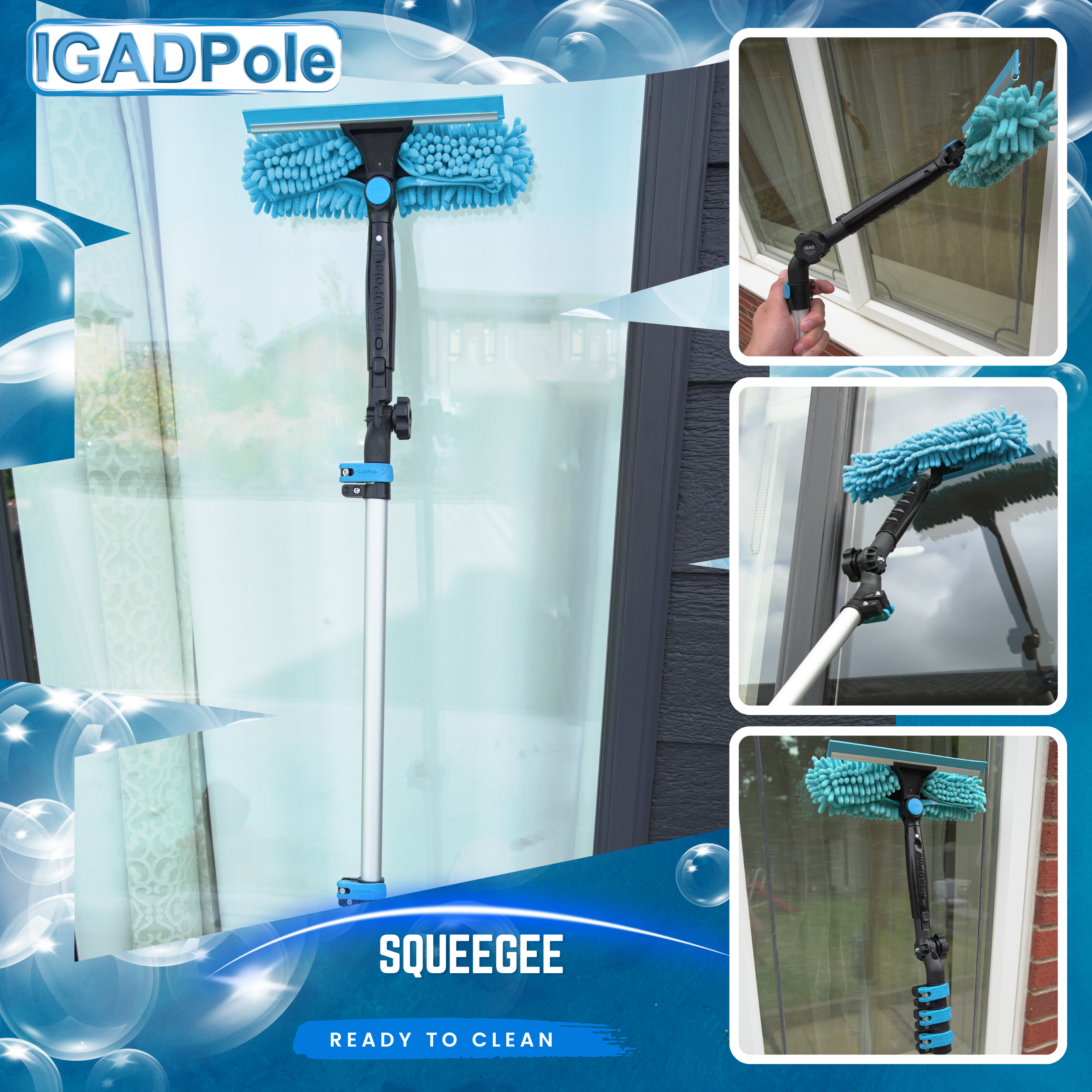 12ft IGADPole Washing Kit: Water-fed Brush, Cobweb Duster and 10” Squeegee and Soap Dispenser, with 3-Stage Telescoping Pole 5-12ft Pole