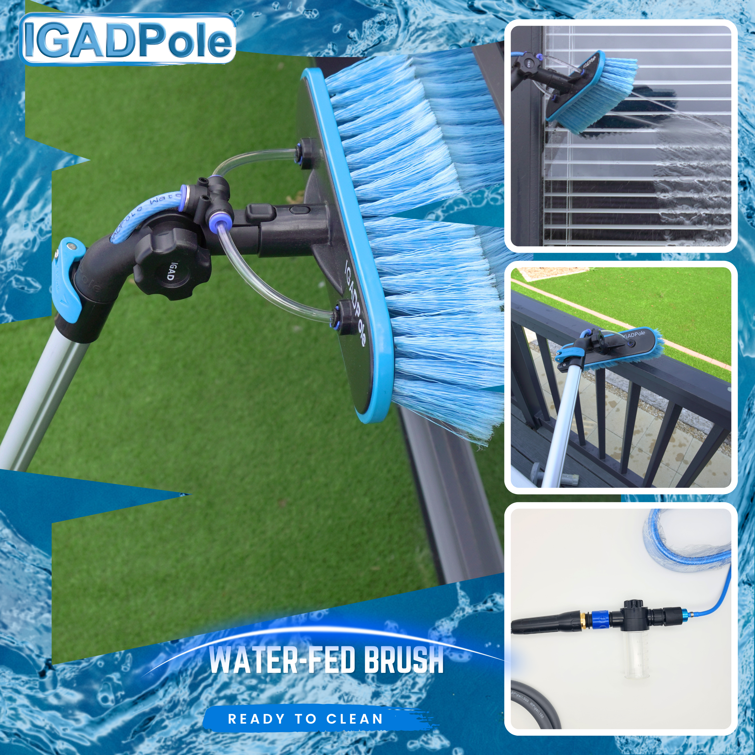 12ft IGADPole Washing Kit: Water-fed Brush, Cobweb Duster and 10” Squeegee and Soap Dispenser, with 3-Stage Telescoping Pole 5-12ft Pole