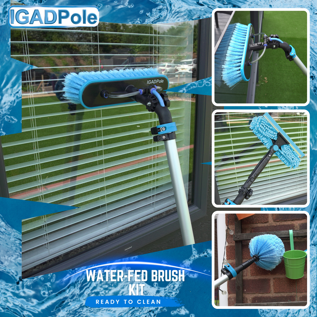 IGADPole 28ft(8.8m) Washing Kit: Water-fed Brush, Cobweb Duster and 10”(25cm) Squeegee and Soap Dispenser, Window Cleaning Pole, Water Fed Telescopic Brush, Window Cleaner Kit, Blue