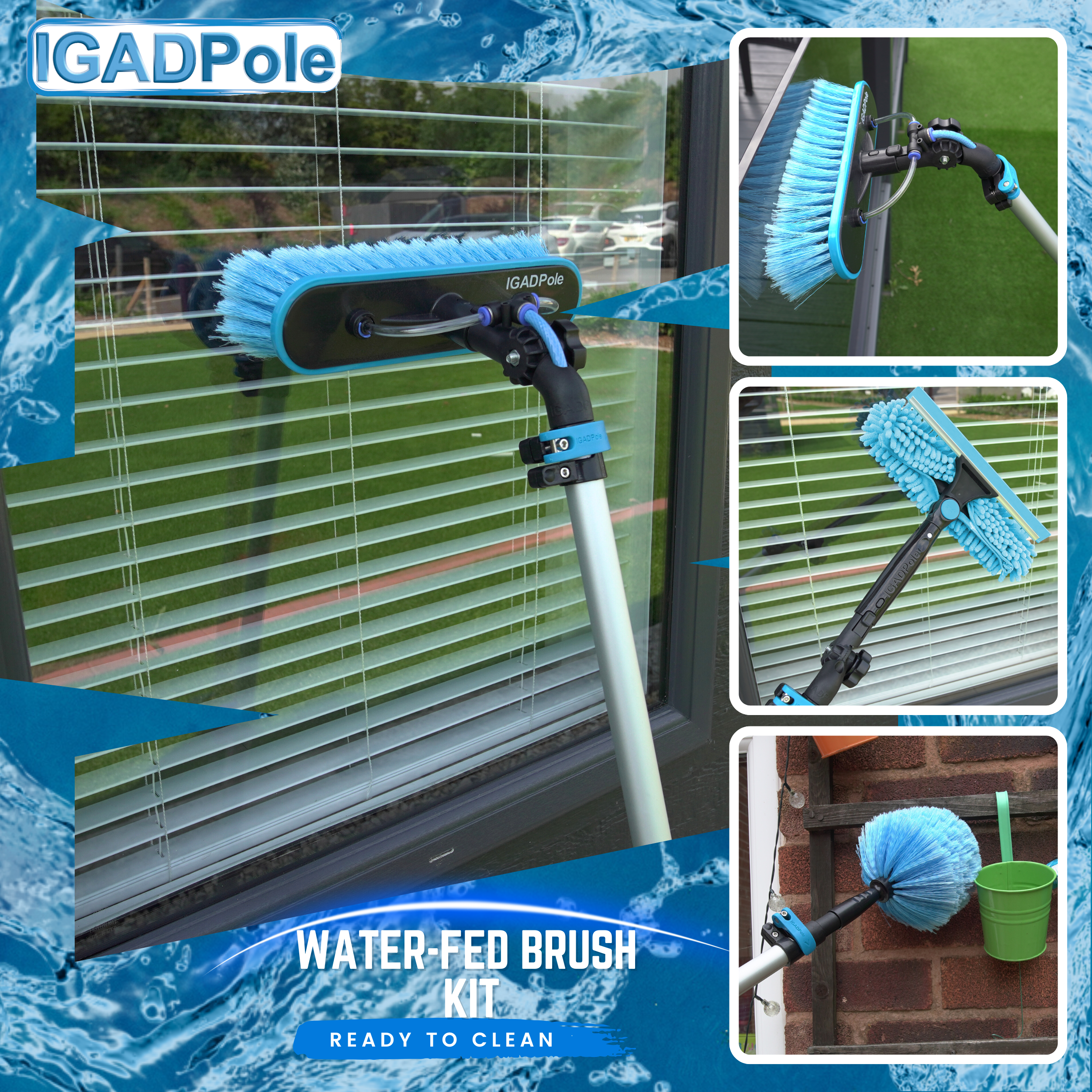 12ft IGADPole Washing Kit: Water-fed Brush, Cobweb Duster and 10” Squeegee and Soap Dispenser, with 3-Stage Telescoping Pole 5-12ft Pole